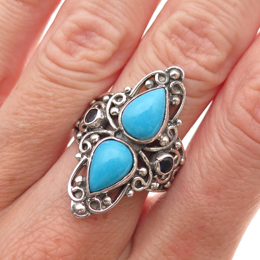 925 Sterling Silver Vintage Real Turquoise & Iolite Oxidized Ring Size 8