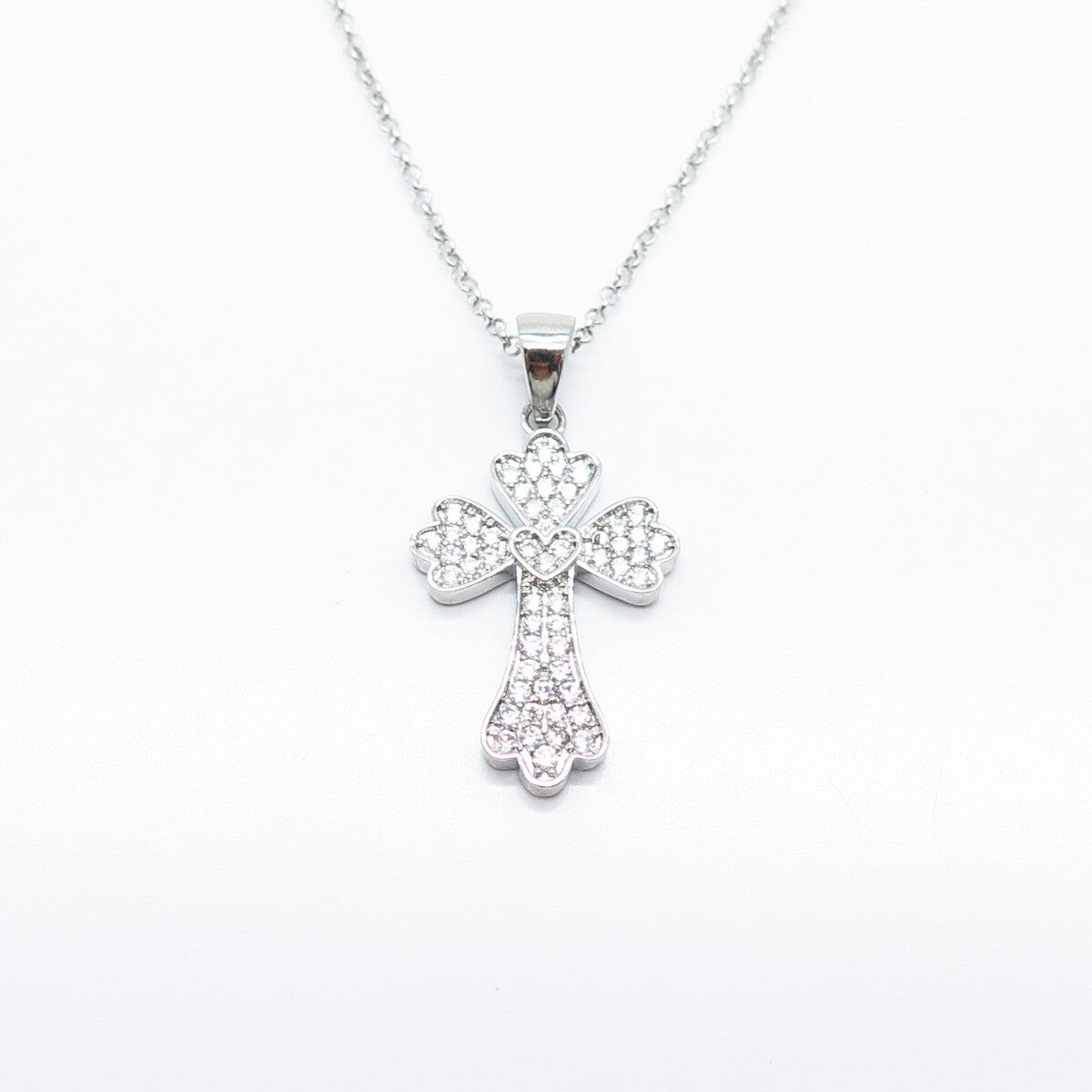 925 Sterling Silver C Z Cross Pendant Rolo Chain Necklace 18"
