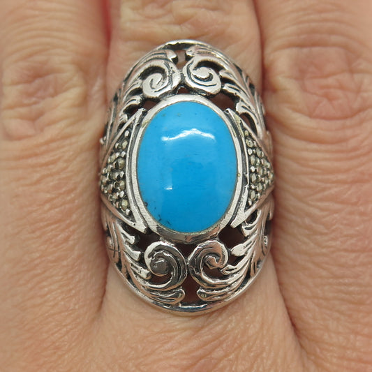 925 Sterling Silver Vintage Real Turquoise & Marcasite Floral Ring Size 6.75