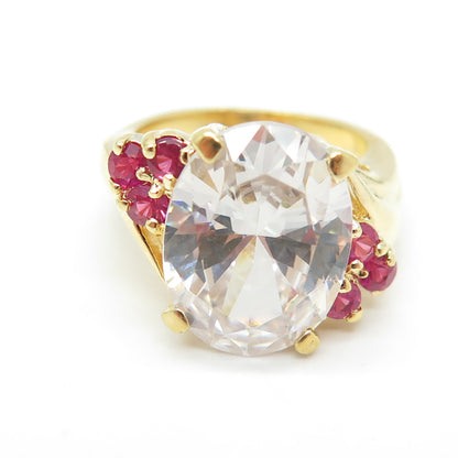 925 Sterling Silver Gold Plated Real Ruby & Oval-Cut C Z Ring Size 7