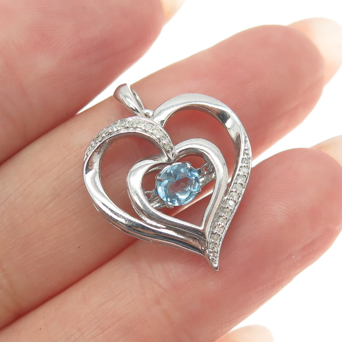 REGINA LANE 925 Sterling Silver Real Round-Cut Diamond Blue Topaz Heart Pendant