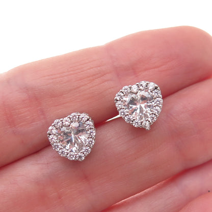 925 Sterling Silver Heart & Round-Cut C Z Stud Earrings