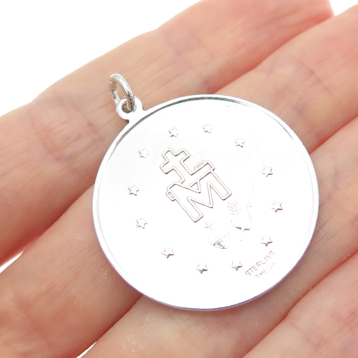 THEDA 925 Sterling Silver Vintage St. Mary Miraculous Religious Medal Pendant