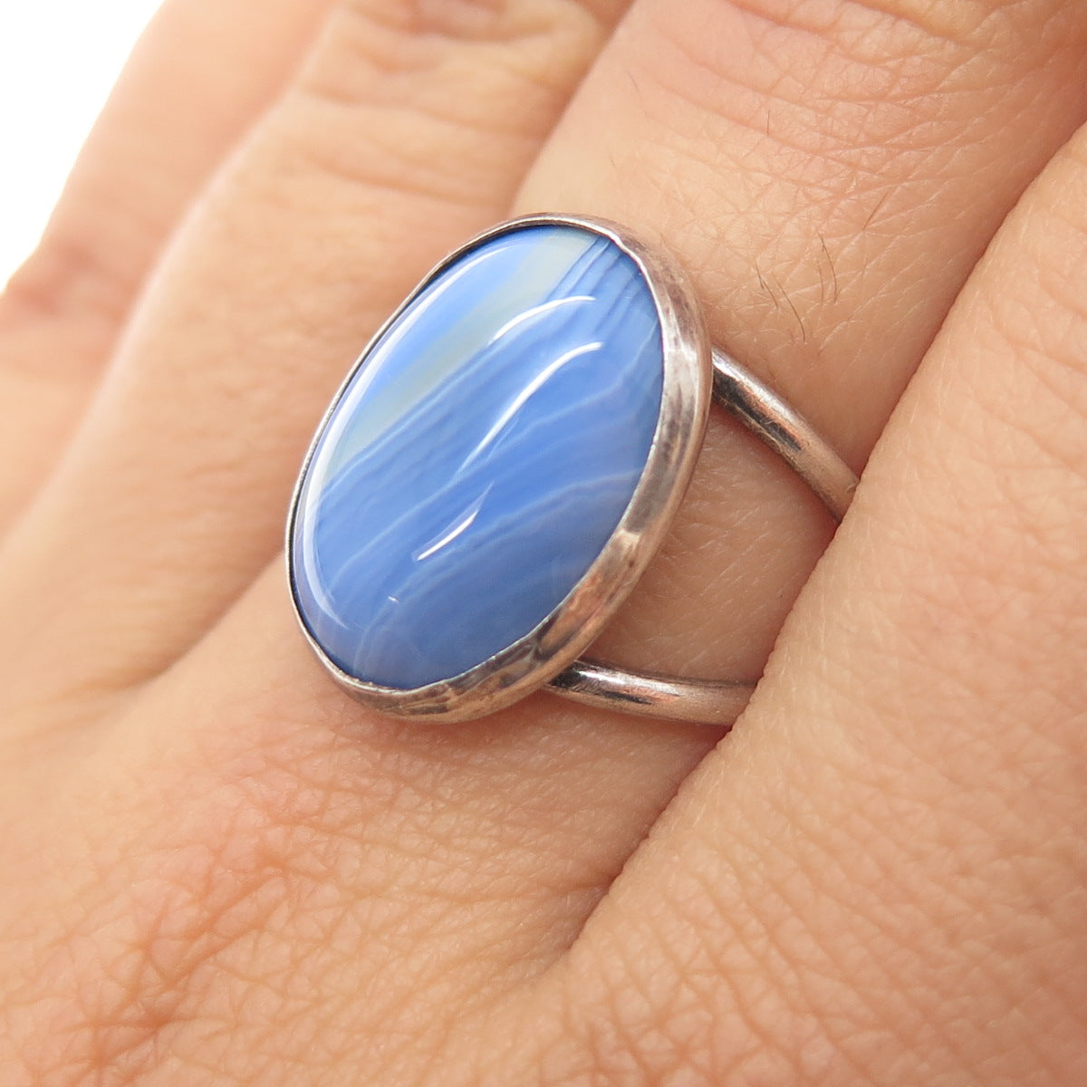 925 Sterling Silver Vintage Real Blue Lace Agate Modernist Ring Size 6.5