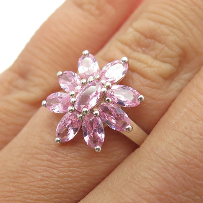 CHUCK CLEMENCY 925 Sterling Silver Pink Oval-Cut Shaped C Z Floral Ring Size 5