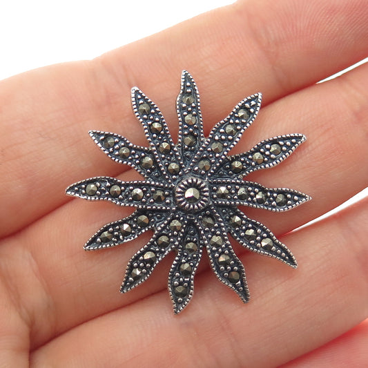 925 Sterling Silver Vintage Real Marcasite Sun Oxidized Slide Pendant