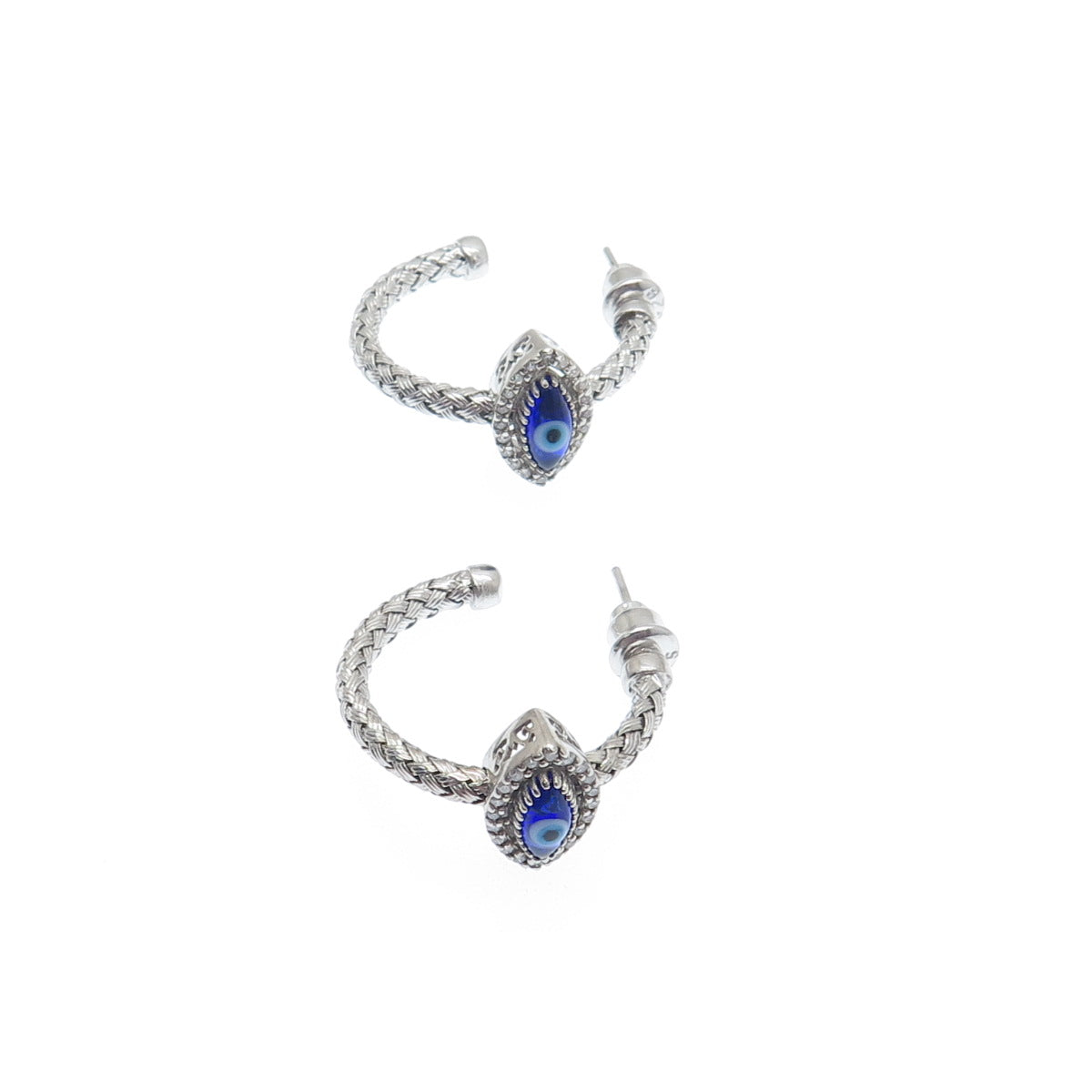 925 Sterling Silver Real Diamond & Enamel Evil Eye Wicker Half Hoop Earrings