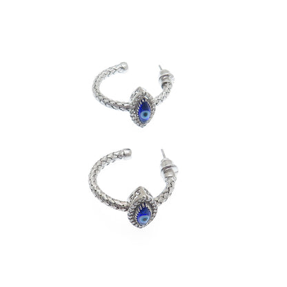 925 Sterling Silver Real Diamond & Enamel Evil Eye Wicker Half Hoop Earrings
