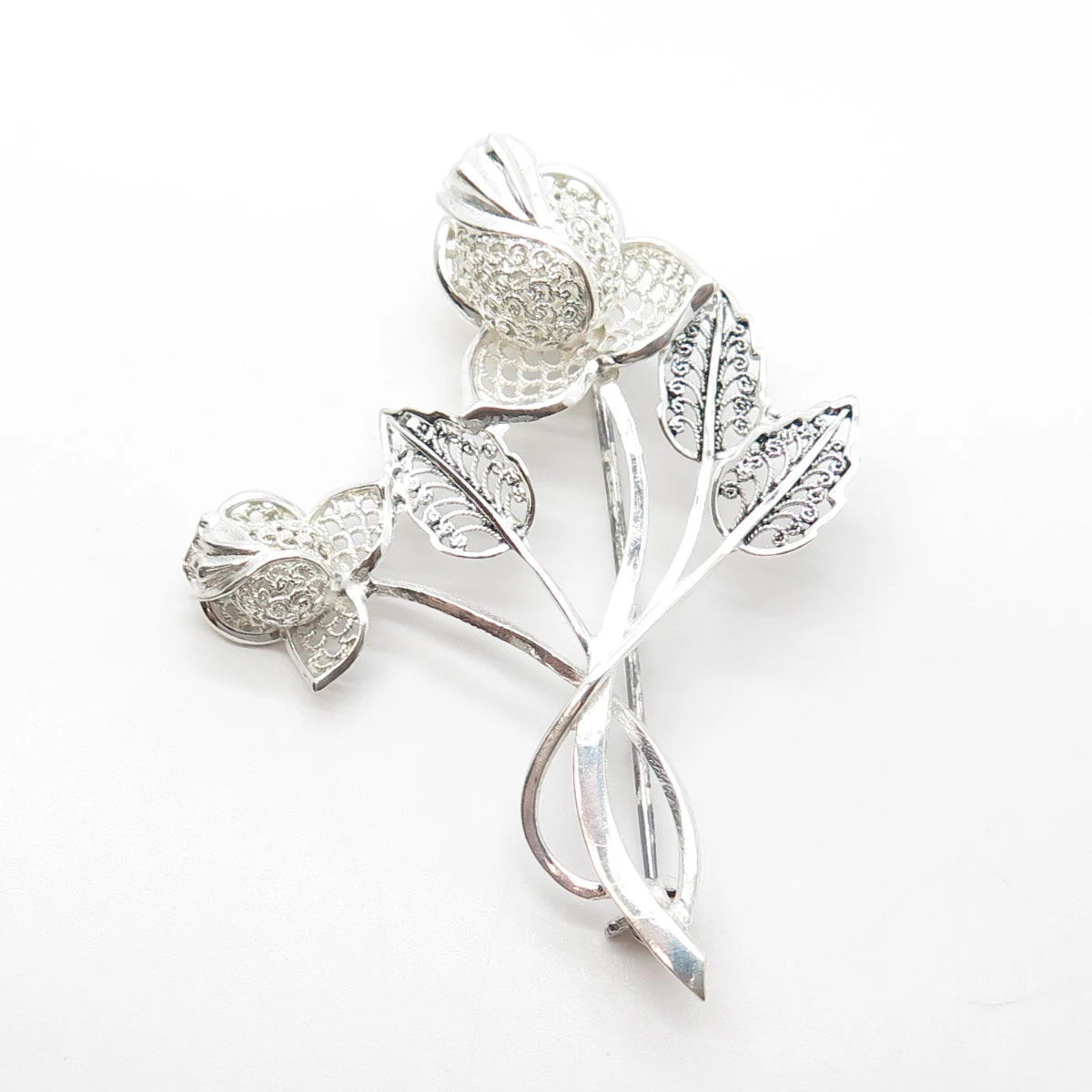 925 Sterling Silver Vintage Germany Floral Leaf Pin Brooch