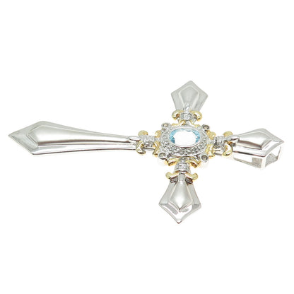 925 Sterling Silver 2-Tone Real Diamond & Blue Topaz Cross Pendant