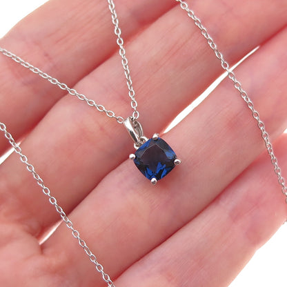 925 Sterling Silver Cushion-Cut Blue C Z Cable Chain Necklace 18"