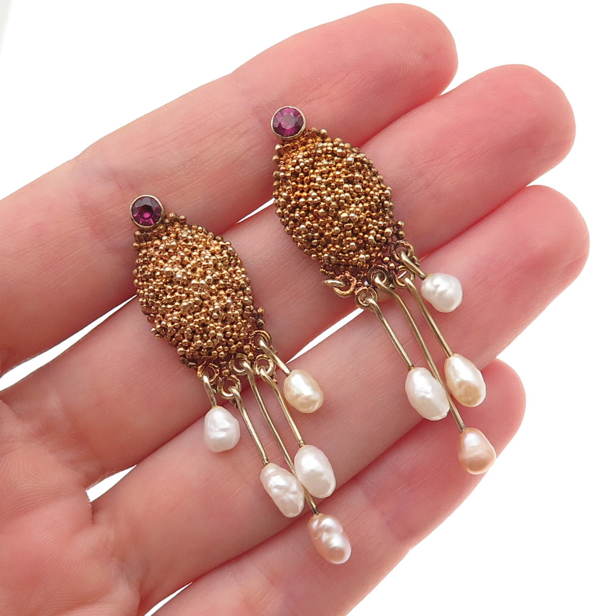 925 Sterling Silver Gold Plated Vintage Real Pearl & Amethyst Modernist Earrings