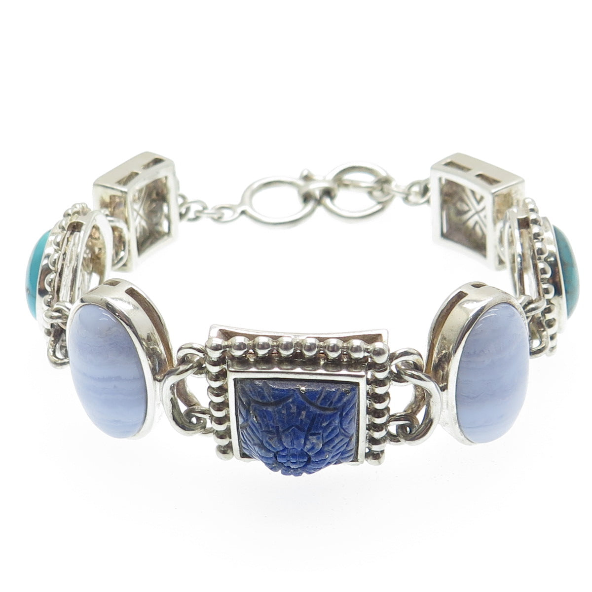 WHITNEY KELLY Sterling Silver Vintage Agate Turquoise Lapis MOP Bracelet 7-7.25"