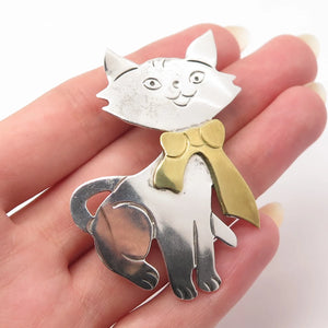 925 Sterling Silver 2-Tone Vintage Mexico Cat Pin Brooch