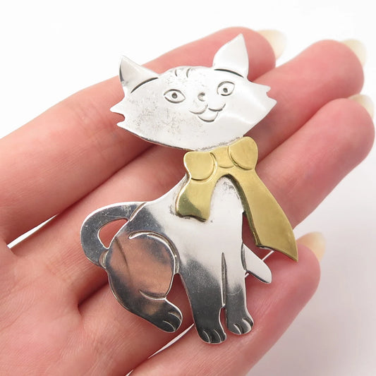 925 Sterling Silver 2-Tone Vintage Mexico Cat Pin Brooch