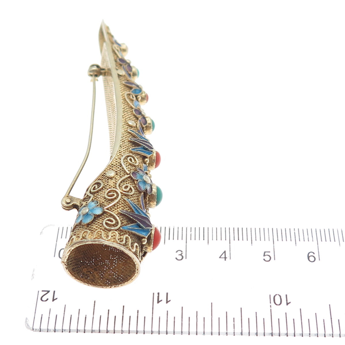 925 Sterling Gold Plated Antique China Turquoise Coral Finger Nail Guard Brooch