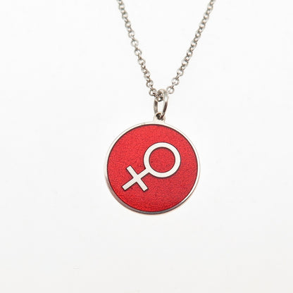 925 Sterling Silver Red Enamel Female Symbol Round Tag Cable Chain Necklace 18"