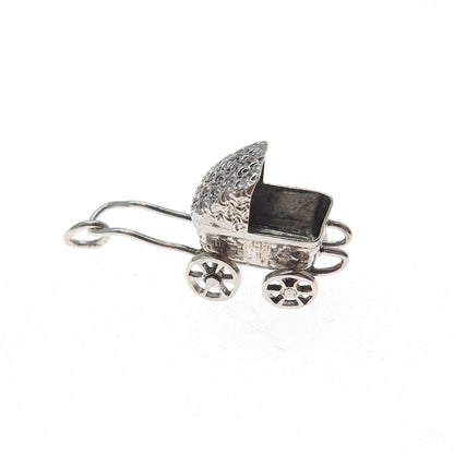 925 Sterling Silver Antique Art Deco Baby Stroller Minimalist 3D Charm Pendant