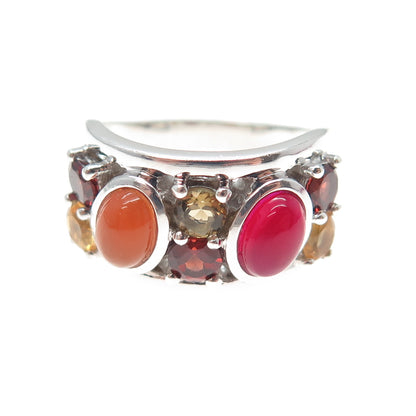 925 Sterling Silver Real Multi-Color Opal Red Garnet & Citrine Ring Size 7.25