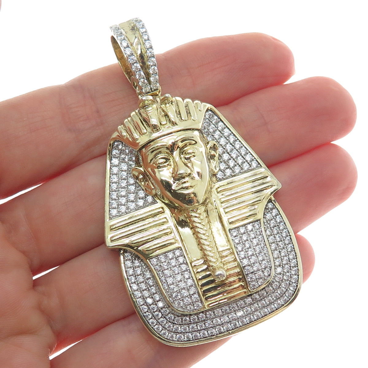 925 Sterling Silver Gold Plated Round-Cut Shaped C Z Egyptian Pharaoh Pendant