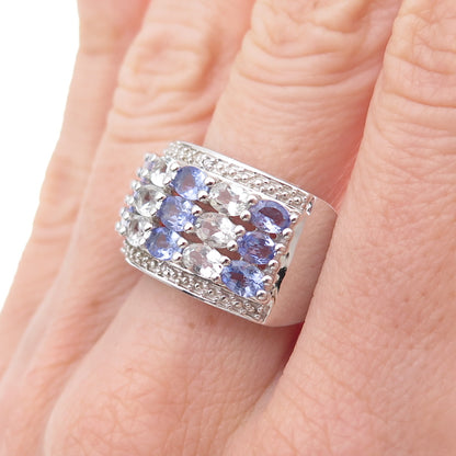 925 Sterling Silver Real Oval-Cut Tanzanite & White Topaz Cluster Ring Size 8