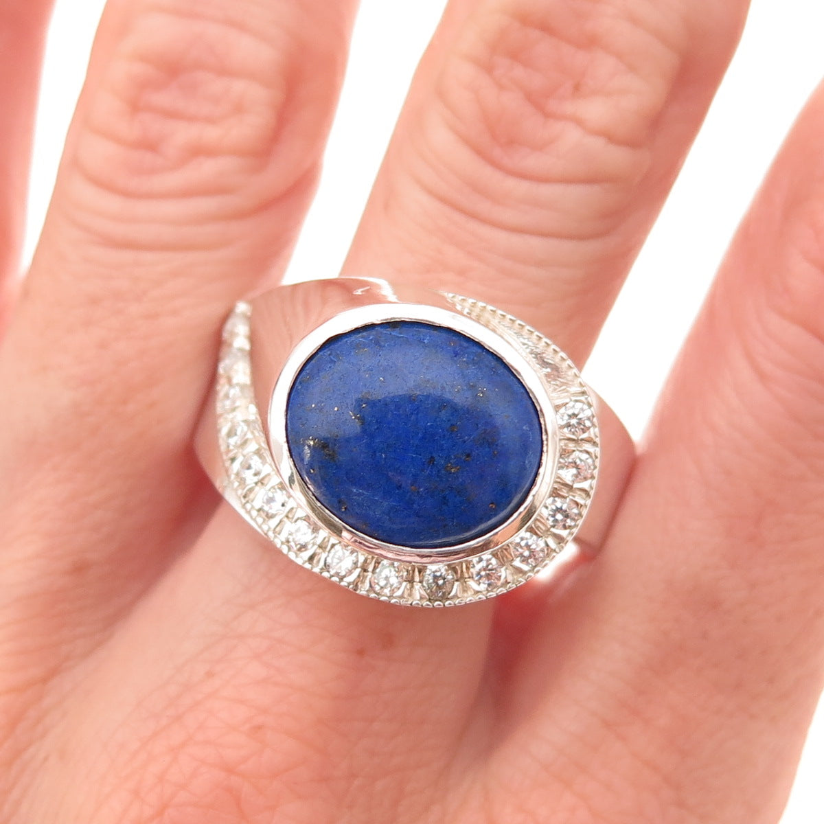 925 Sterling Silver Vintage Real Lapis & C Z Modernist Ring Size 13.5