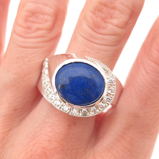 925 Sterling Silver Vintage Real Lapis & C Z Modernist Ring Size 13.5
