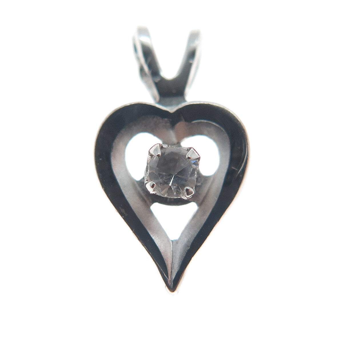 925 Sterling Silver Vintage Round-Cut Rhinestone Open Heart Minimalist Pendant