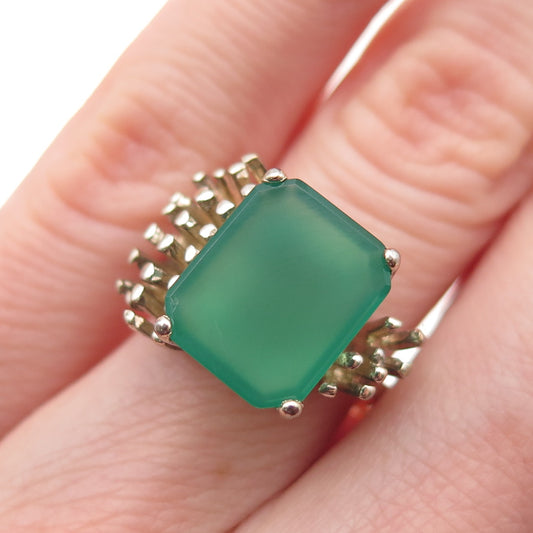 925 Sterling Gold Plated Vintage Real Green Chalcedony Modernist Ring Size 5.25