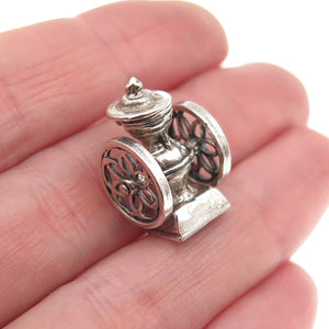 925 Sterling Silver Vintage Coffee Grinder Oxidized 3D Mini Open Charm Pendant