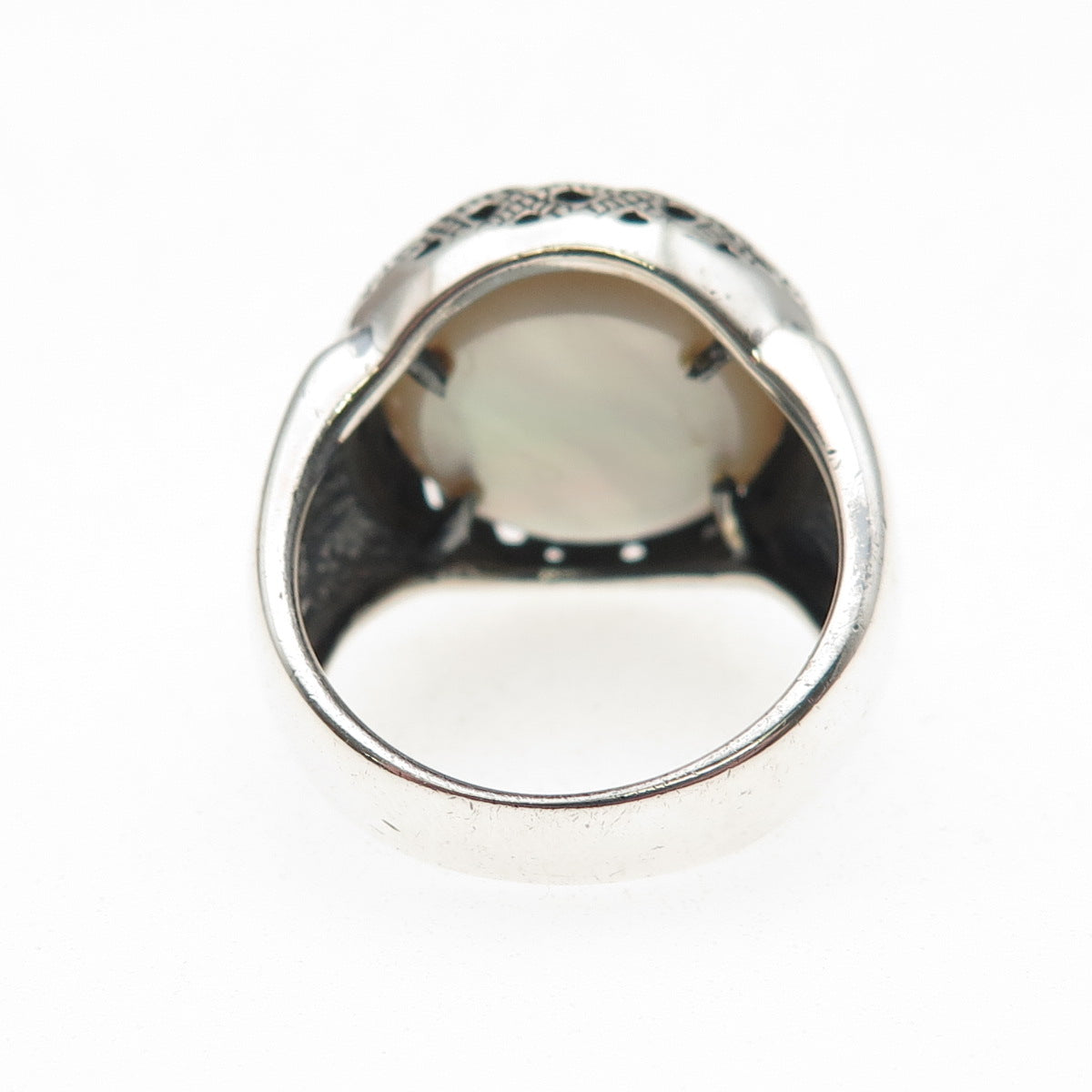925 Sterling Silver Vintage WW Hong Kong Real Pearl Crown Oxidized Ring Size 8