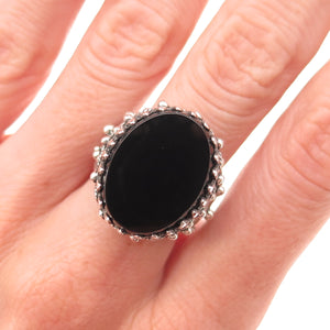 925 Sterling Silver Vintage Real Black Onyx Filigree Oxidized Ring Size 7.25