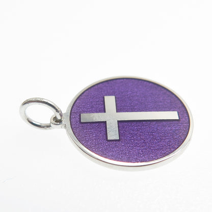 925 Sterling Silver Purple Enamel Cross Round Tag Minimalist Charm Pendant
