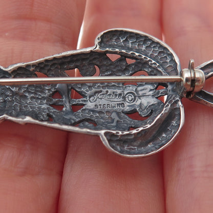 Jezlaine 925 Sterling Silver Vintage Cat Floral Scroll Oxidized Pin Brooch
