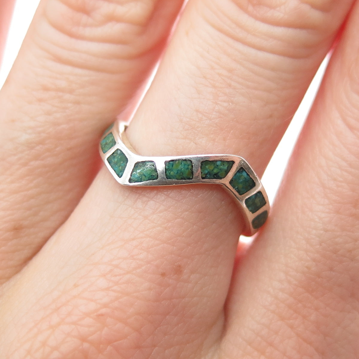 Old Pawn 925 Sterling Silver Vintage Southwestern Turquoise Inlay Ring Size 6.25