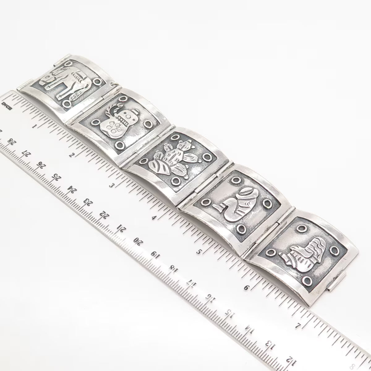 925 Sterling Silver Vintage Mexican Storyteller Wide Panel Link Bracelet 7.25"