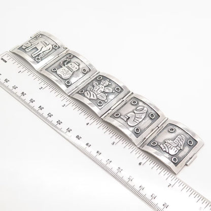 925 Sterling Silver Vintage Mexican Storyteller Wide Panel Link Bracelet 7.25"