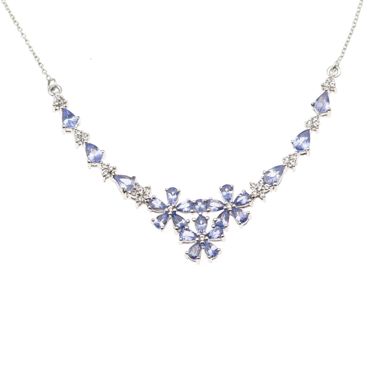 925 Sterling Silver Real Tanzanite & White Topaz Cable Chain Necklace 16-18"