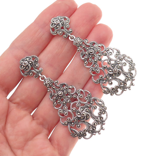 KEN CRAFTS 925 Sterling Silver Vintage Real Marcasite Flower Dangle Earrings