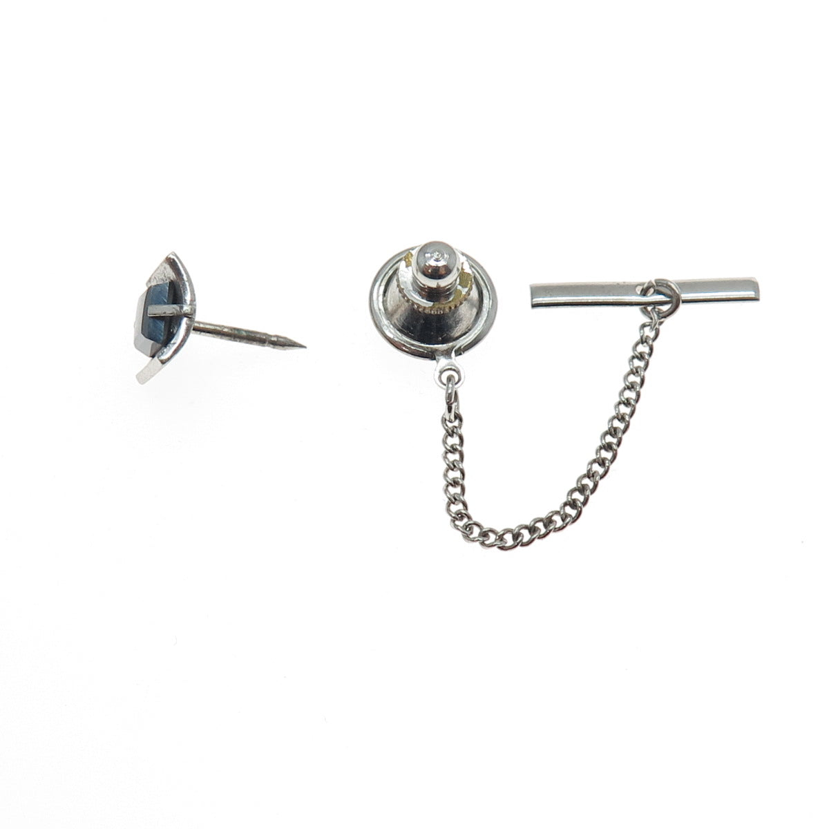 CROWN 925 Sterling Silver Vintage Real Hematite Safety Chain Tie Tack Lapel Pin