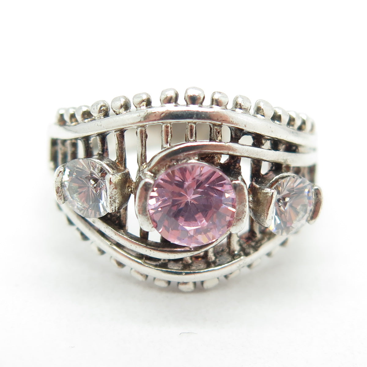 925 Sterling Silver Vintage Round-Cut Pink & White C Z Ring Size 5.25