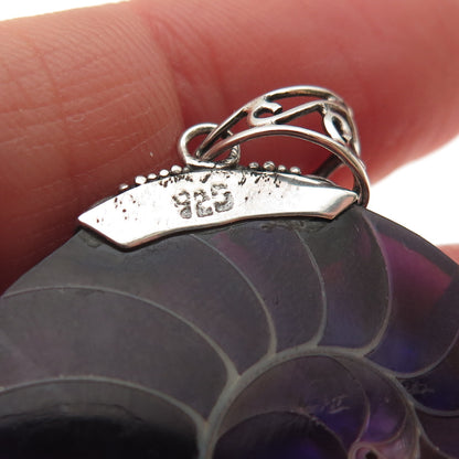 925 Sterling Silver Vintage Real Purple Nautilus Shell Modernist Pendant
