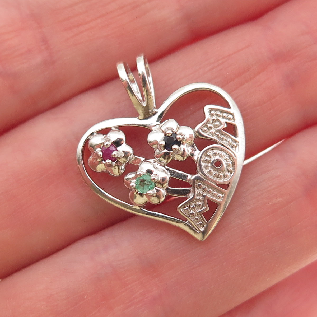 Nevada 925 Sterling Silver Real Ruby Sapphire & Emerald Mom Heart Charm Pendant
