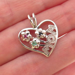Nevada 925 Sterling Silver Real Ruby Sapphire & Emerald Mom Heart Charm Pendant