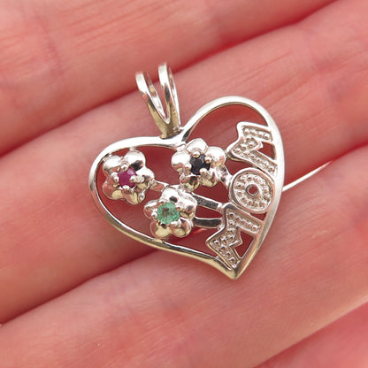 Nevada 925 Sterling Silver Real Ruby Sapphire & Emerald Mom Heart Charm Pendant