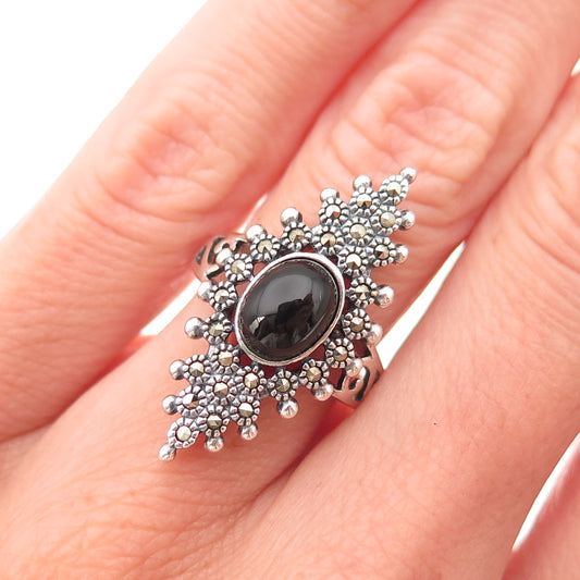 Dee Berkle 925 Sterling Silver Vintage Real Black Onyx & Marcasite Ring Size 5