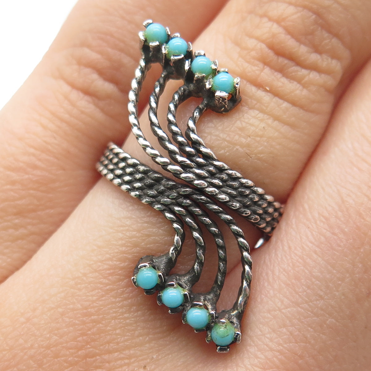 925 Sterling Silver Vintage Faux Turquoise Adjustable Oxidized Ring Size 4.5