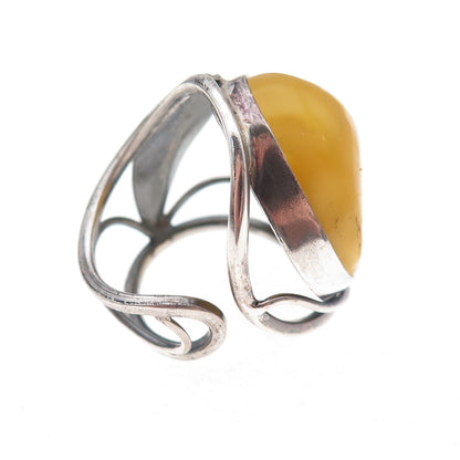 925 Sterling Vintage Real Butterscotch Amber Modernist Adjustable Ring Size 6
