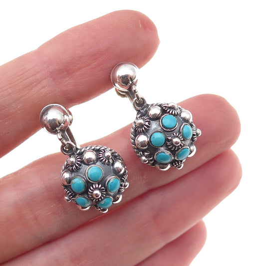 925 Sterling Silver Vintage Mexico Real Turquoise Cannetille Screw Back Earrings