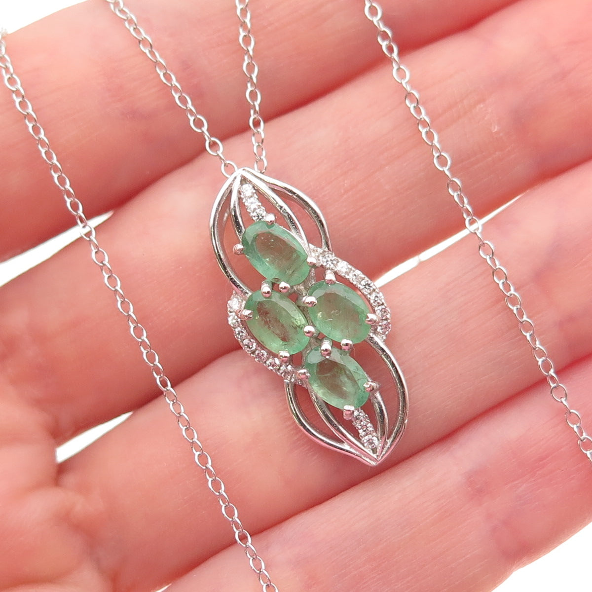 925 Sterling Silver Real Oval-Cut Emerald & C Z Cable Chain Necklace 18"